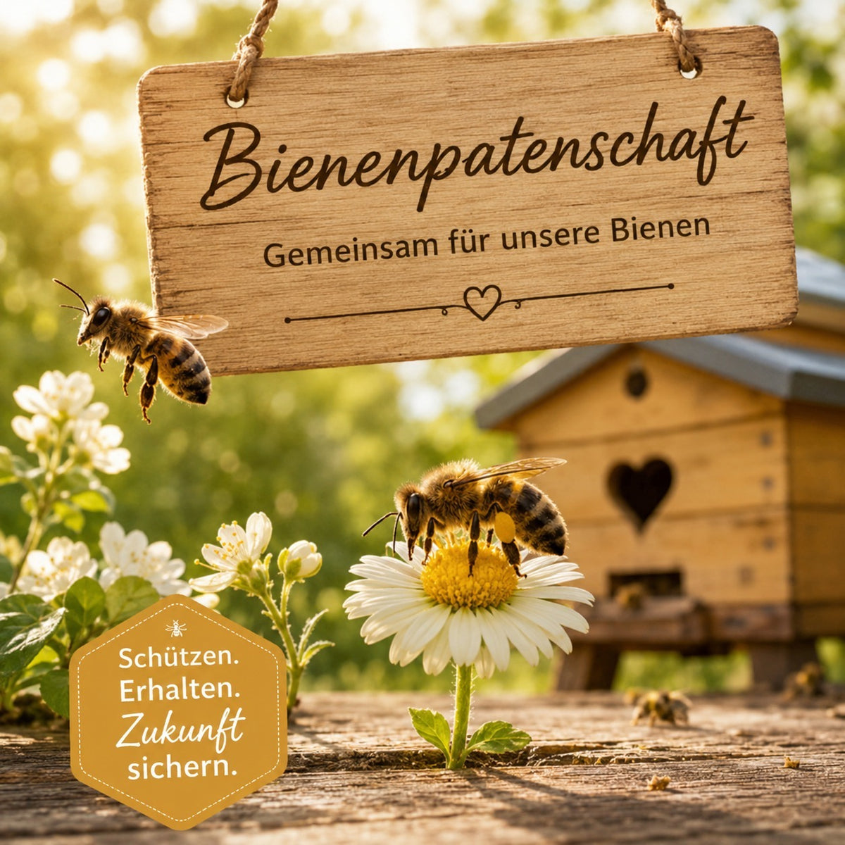 Holzschild Bienenpatenschaft – Gemeinsam für unsere Bienen, Biene auf Gänseblümchen vor einem Bienenstock