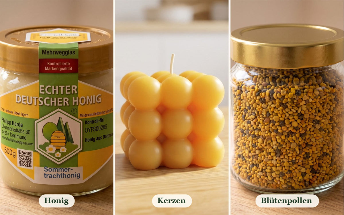 Honig, Kerze aus Bienenwachs und Blütenpollen