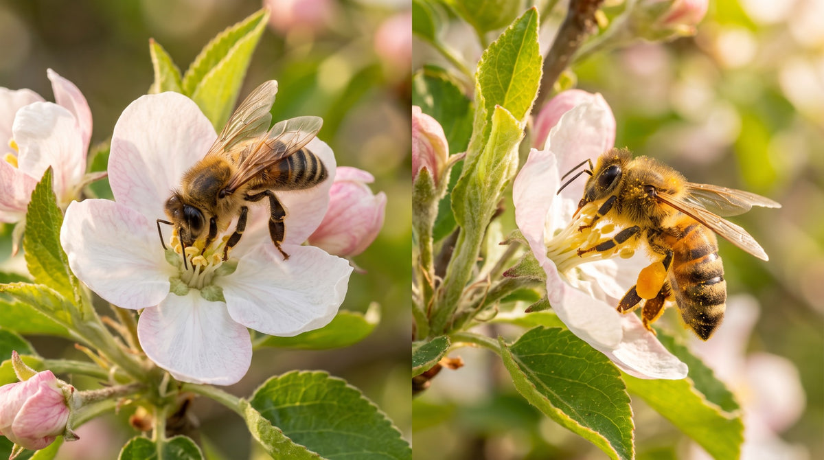 KI-generiertes Bild: links eine Biene, die in einer Apfelblüte Nektar trinkt, rechts eine Biene mit orangefarbenem Pollenhöschen am Hinterbein