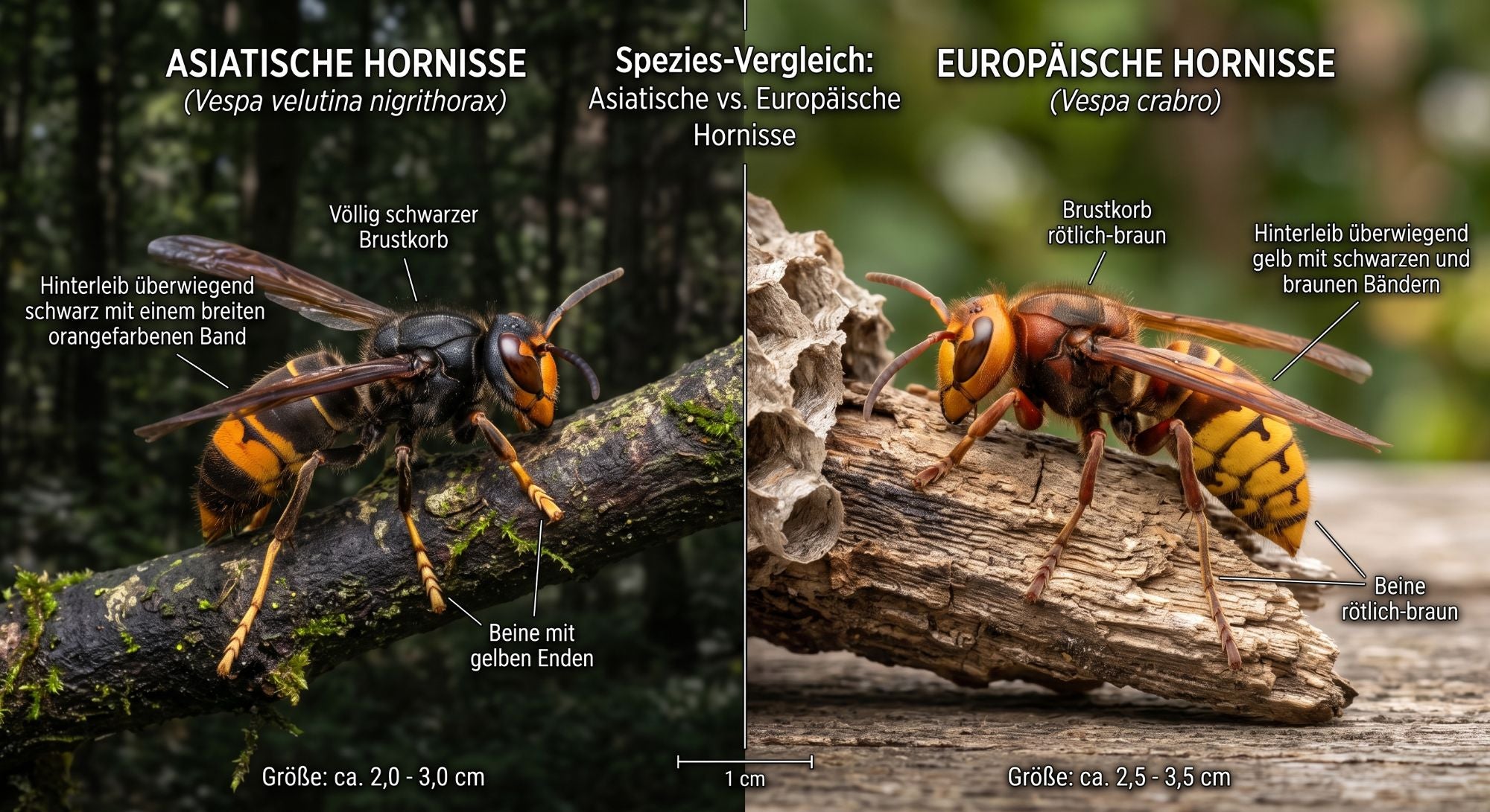 Vergleich: links die Asiatische Hornisse mit schwarzem Brustkorb, orangefarbenem Band und gelben Beinenden, rechts die Europäische Hornisse mit rotbraunem Brustkorb und überwiegend gelbem Hinterleib