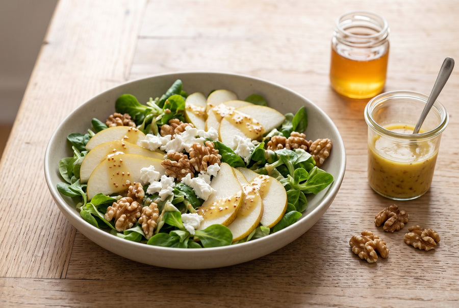 Feldsalat mit Birne, Walnüssen und Ziegenkäse, daneben ein Glas Honig-Senf-Dressing (KI-generiert)