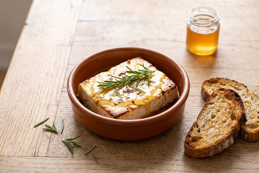 Gebackener Feta mit Honig und Rosmarin in einer Tonform, daneben geröstetes Brot (KI-generiert)