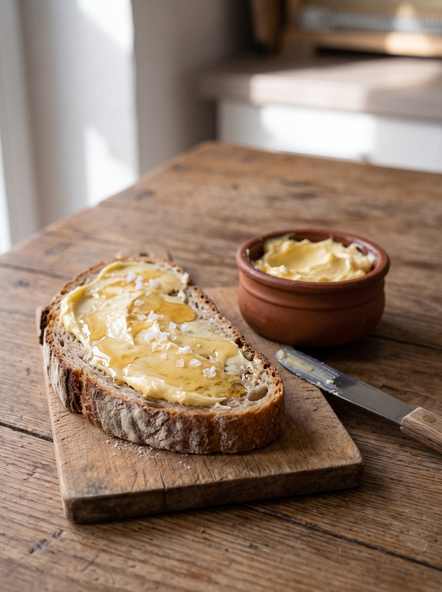 Bauernbrot mit Honigbutter und Meersalzflocken, daneben ein Schälchen Honigbutter (KI-generiert)