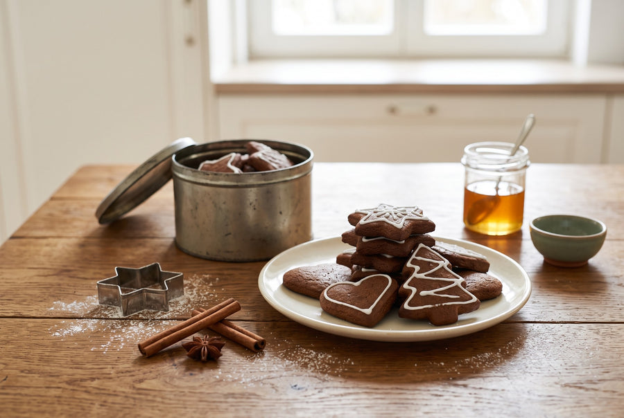 KI-generiertes Bild: Honiglebkuchen als Sterne, Herzen und Tannenbäume mit Zuckerguss auf einem Teller, daneben eine Blechdose und Zimtstangen