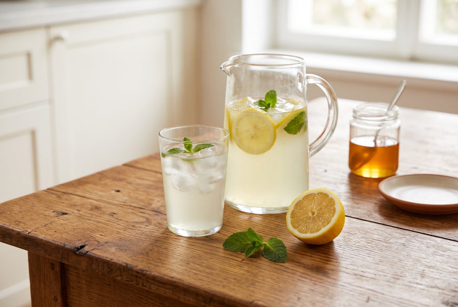 KI-generiertes Bild: Krug und Glas mit Honig-Zitronen-Limonade, Zitronenscheiben, Minze und Eis auf einem Holztisch, daneben ein Glas Honig