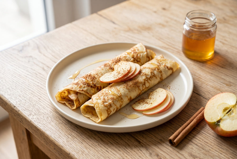 Zwei aufgerollte Pfannkuchen mit Apfelscheiben, Zimt und Honig (KI-generiert)