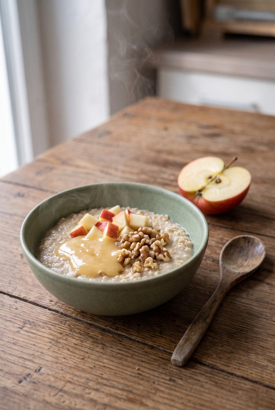 Porridge mit Apfelwürfeln, Walnüssen und cremigem Honig in einer grünen Schale (KI-generiert)