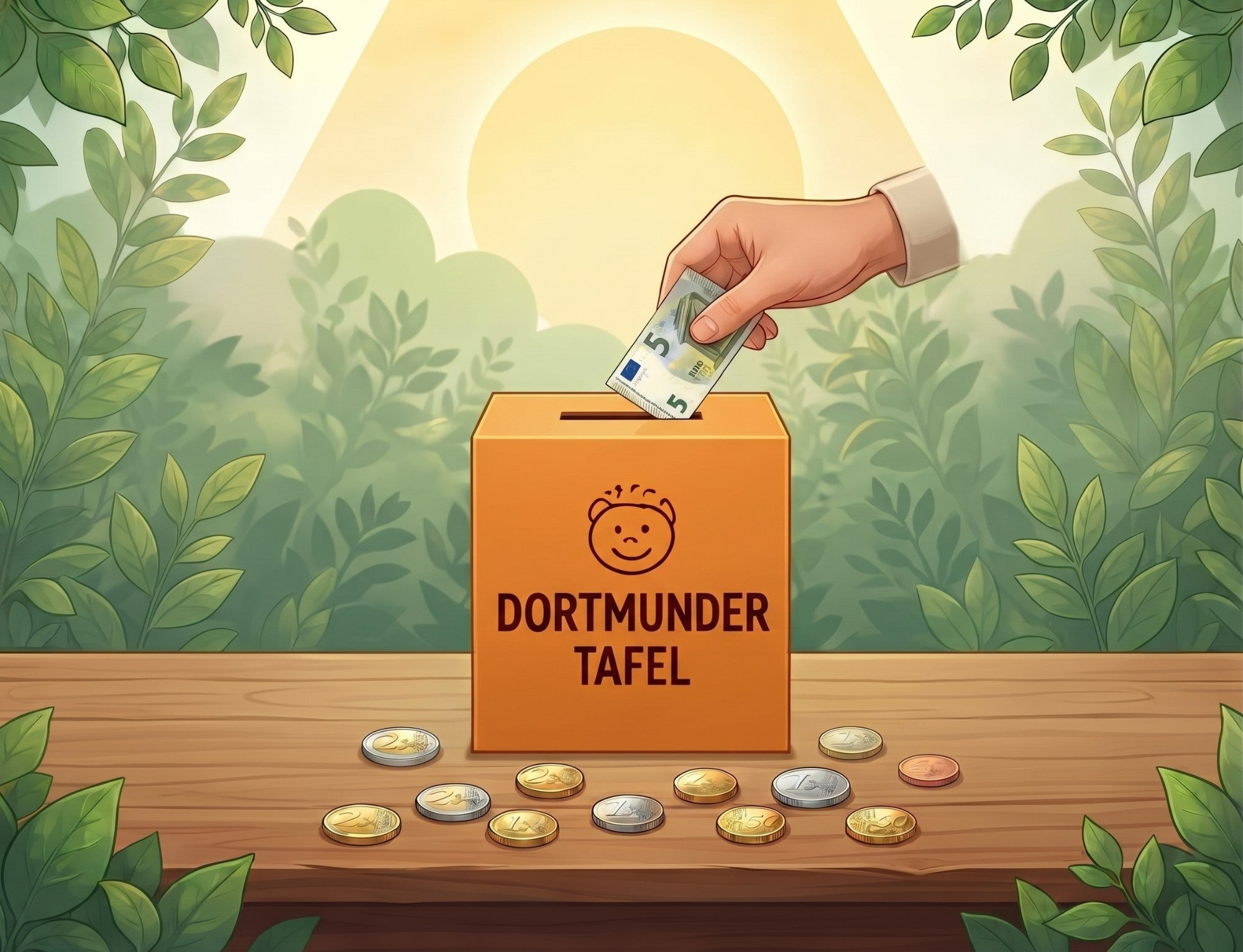 Illustration: Eine Hand wirft einen Geldschein in eine Spendenbox der Dortmunder Tafel