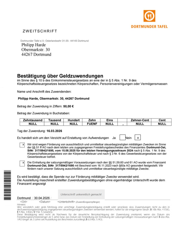 Zuwendungsbestätigung der Dortmunder Tafel e. V. über eine Spende von Philipp Harde vom 16.03.2026