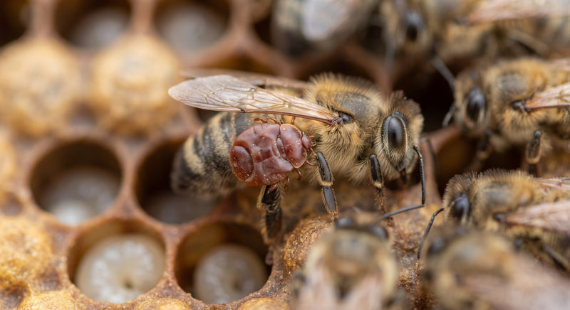Rotbraune Varroamilbe auf dem Rücken einer Honigbiene